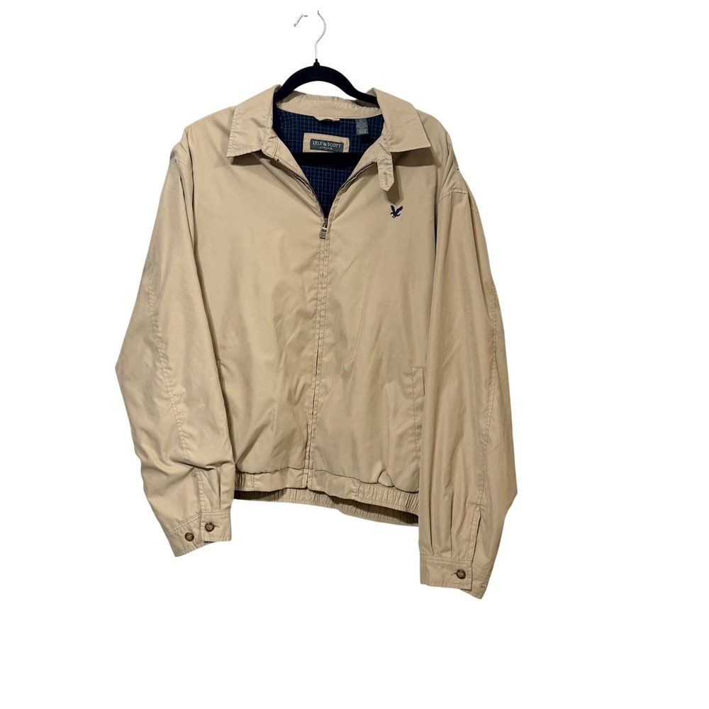 Lyle & Scott Scotland Mens Large Tan Harrington Jacket Plaid Lined Full Zip Logo